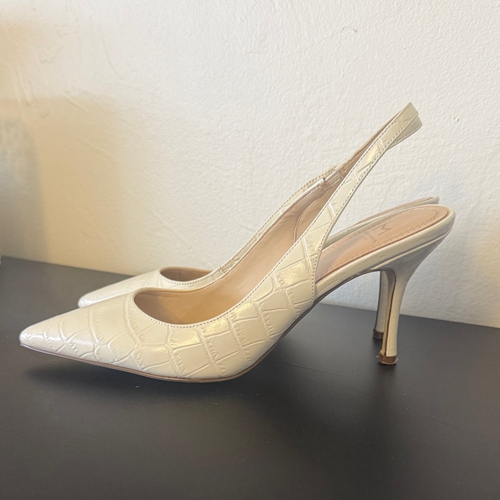 Marc Fisher Cream Croc-Embossed Slingback Heels